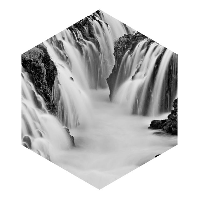 Hexagon Behang Brúarfoss Waterfall In Iceland Black And White