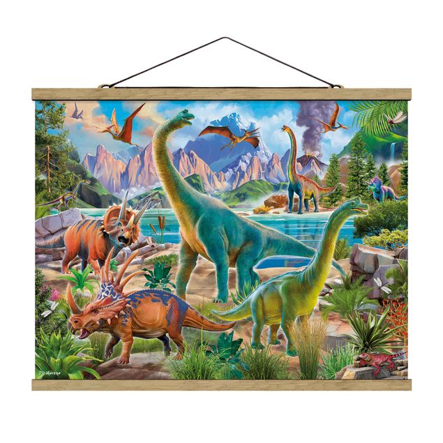 Stoffen schilderij met posterlijst Brachiosaurus And Tricaterops
