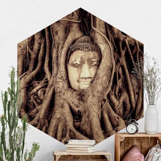 Hexagon Behang Buddha In Ayutthaya Lined With Tree Roots In Brown