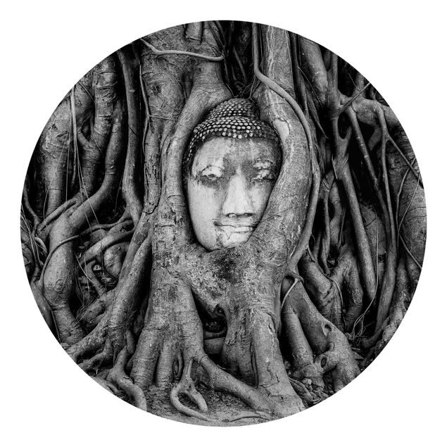 Behangcirkel Buddha In Ayutthaya Lined From Tree Roots In Black And White