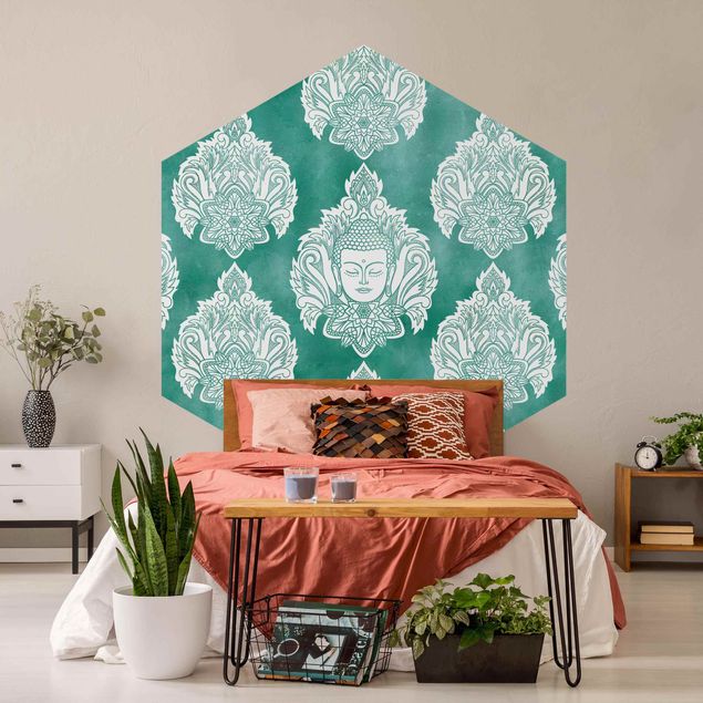 Hexagon Behang Buddha And Lotus Emerald Pattern