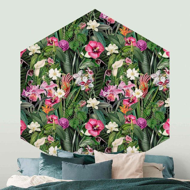 Hexagon Behang Colourful Tropical Flowers Collage
