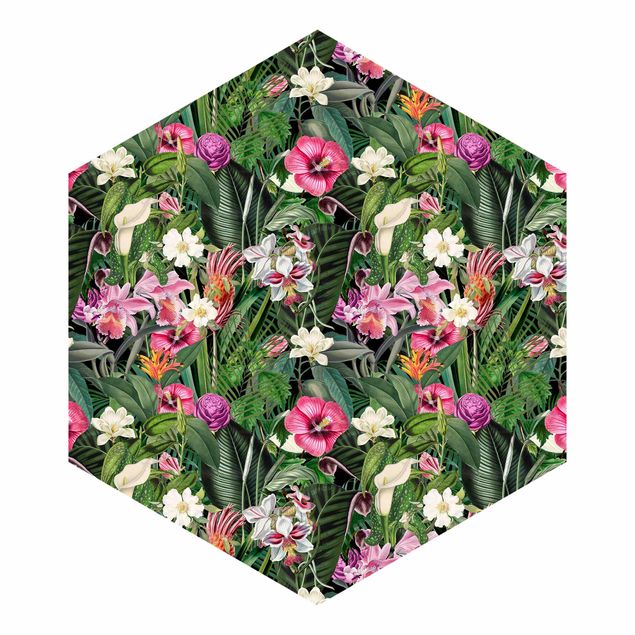 Hexagon Behang Colourful Tropical Flowers Collage