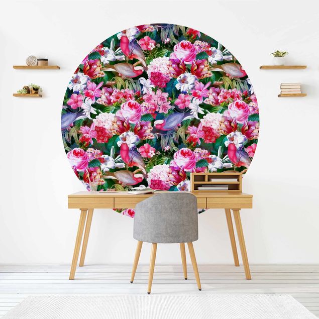 Behangcirkel Colourful Tropical Flowers With Birds Pink