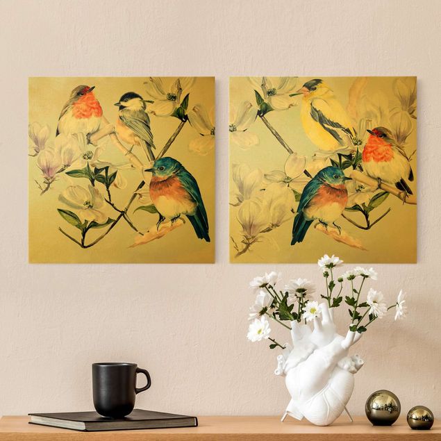 Canvas schilderijen - 2-delig  Clolourful Birds On The Branch Of A Magnolia Set