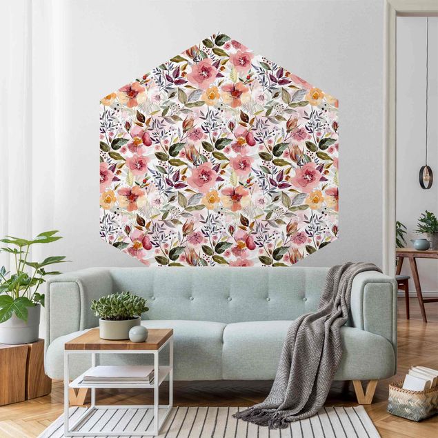 Hexagon Behang Colourful Flower Mix With Watercolour