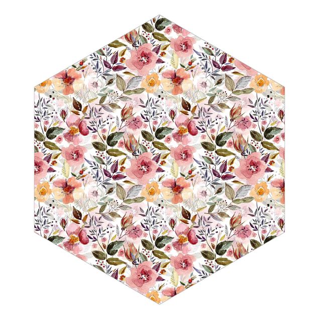 Hexagon Behang Colourful Flower Mix With Watercolour