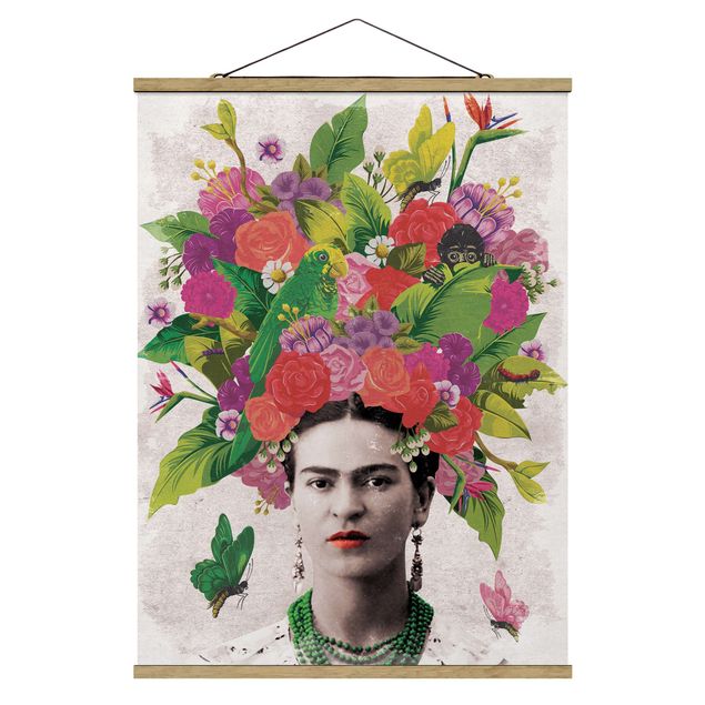 Stoffen schilderij met posterlijst Frida Kahlo - Flower Portrait
