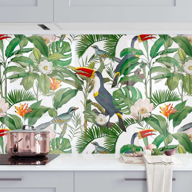 Achterwand voor keuken bloemen Tropical Toucan With Monstera And Palm Leaves II