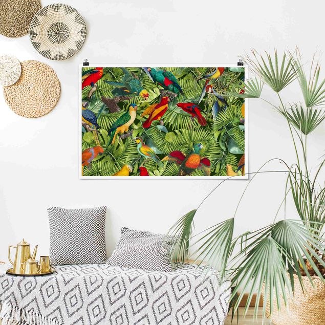 Posters Colourful Collage - Parrots In The Jungle