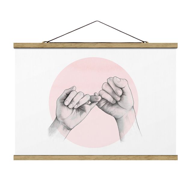 Stoffen schilderij met posterlijst Illustration Hands Friendship Circle Pink White