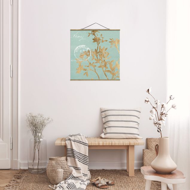 Stoffen schilderij met posterlijst Golden Leaves On Turquoise II