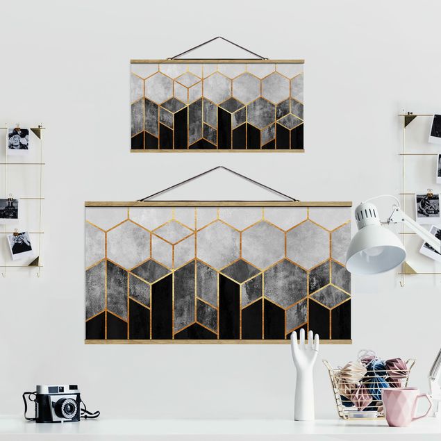 Stoffen schilderij met posterlijst Golden Hexagons Black And White