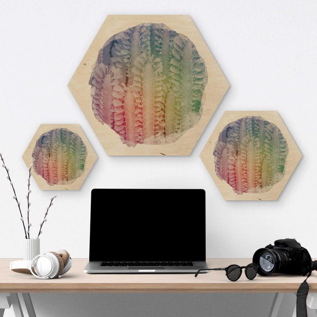 Hexagons houten schilderijen WaterColours - Cactus Euphorbia Trigona