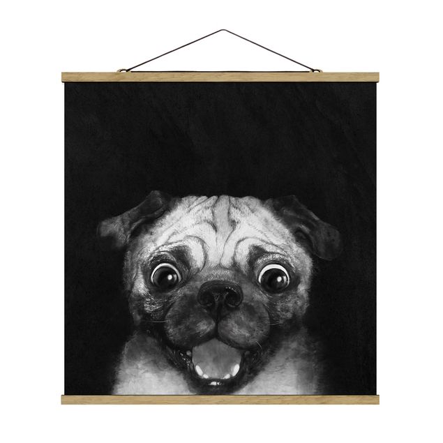 Stoffen schilderij met posterlijst Illustration Dog Pug Painting On Black And White