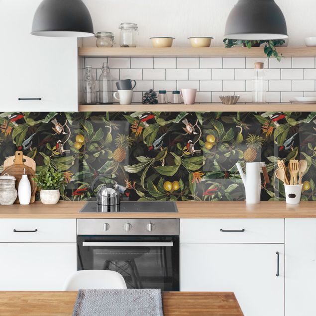 Achterwand voor keuken patroon Birds With Pineapple Green