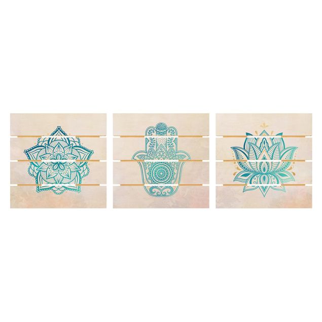 Houten schilderijen op plank - 3-delig Mandala Hamsa Hand Lotus Set Gold Blue