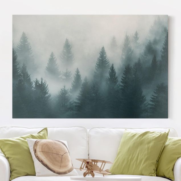 Canvas schilderijen Coniferous Forest In Fog