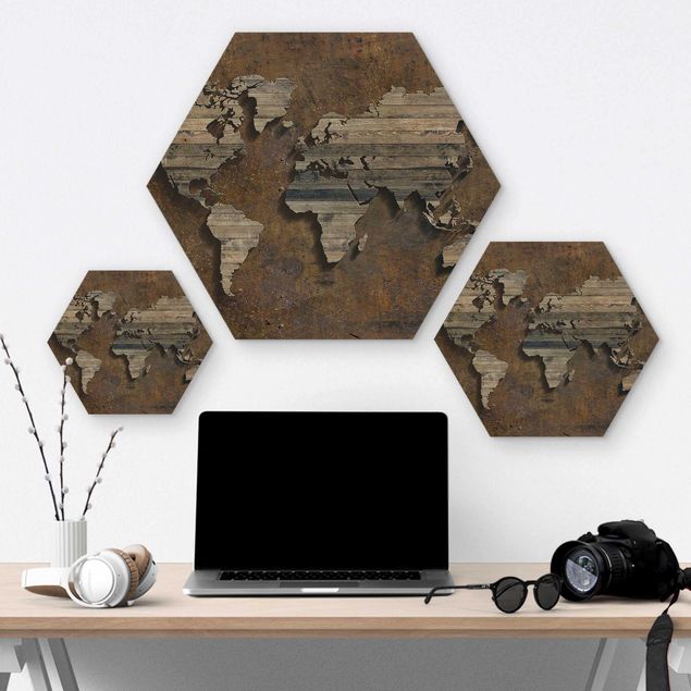 Hexagons houten schilderijen Wooden Grid World Map