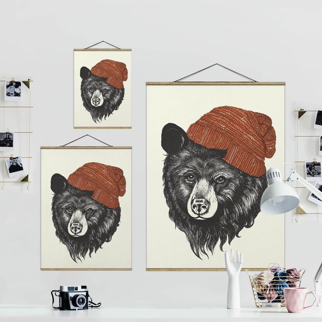 Stoffen schilderij met posterlijst Illustration Bear With Red Cap Drawing