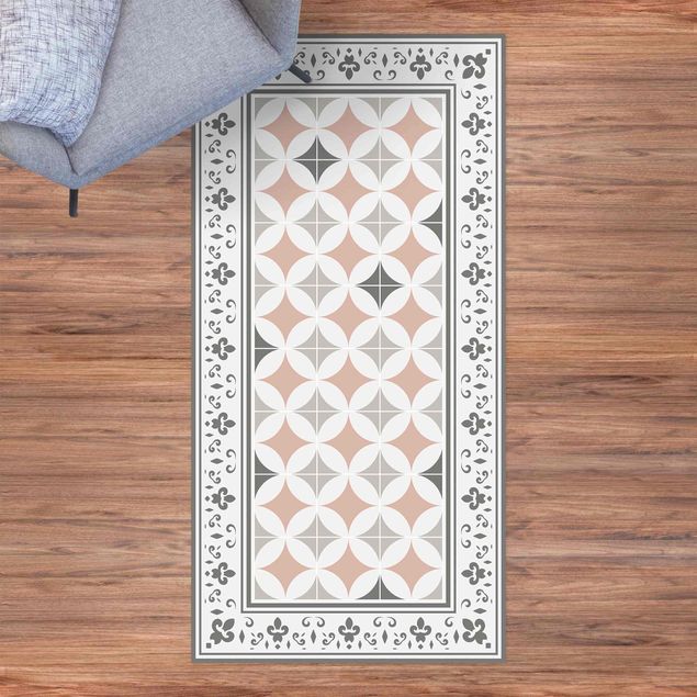 Loper tapijt Geometrical Tiles Circular Flowers Orange With Border