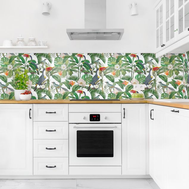 Achterwand voor keuken dieren Tropical Toucan With Monstera And Palm Leaves II