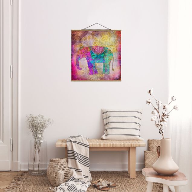 Stoffen schilderij met posterlijst Colourful Collage - Indian Elephant