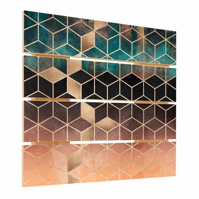 Houten schilderijen op plank Turquoise Rosé Golden Geometry