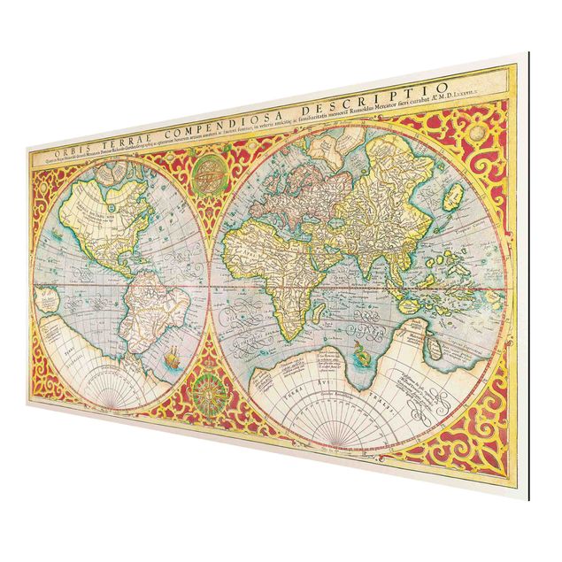 Aluminium Dibond schilderijen Historic World Map Orbis Descriptio Terrare Compendiosa