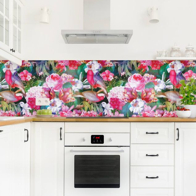 Achterwand voor keuken dieren Colourful Tropical Flowers With Birds Pink
