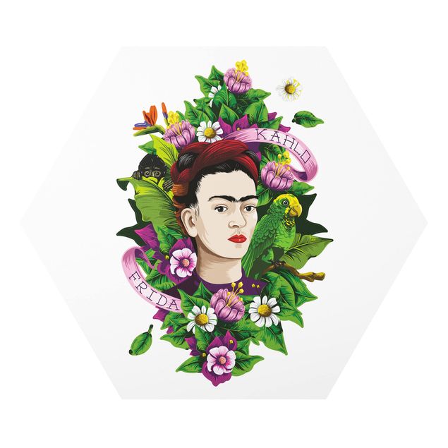 Hexagons Forex schilderijen Frida Kahlo - Frida, Monkey And Parrot