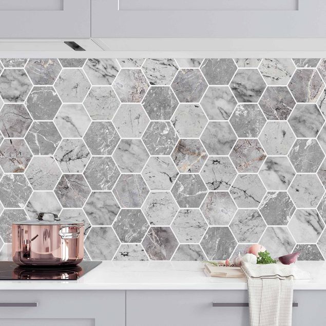 Achterwand voor keuken tegelmotief Marble Hexagon Tiles - Grey