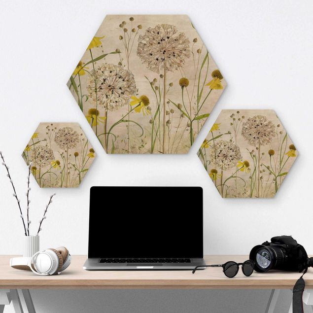Hexagons houten schilderijen Allium And Helenium Illustration