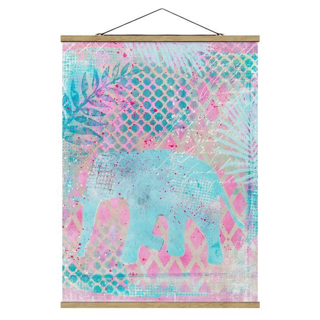 Stoffen schilderij met posterlijst Colourful Collage - Elephant In Blue And Pink