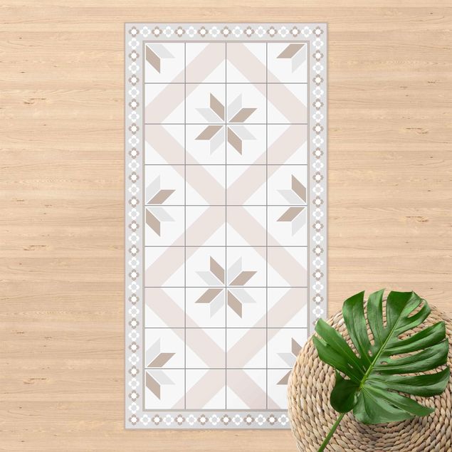 Loper tapijt Geometrical Tiles Rhombic Flower Sand With Narrow Border