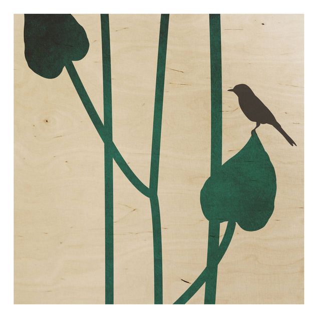 Houten schilderijen Graphical Plant World - Bird On Leaf