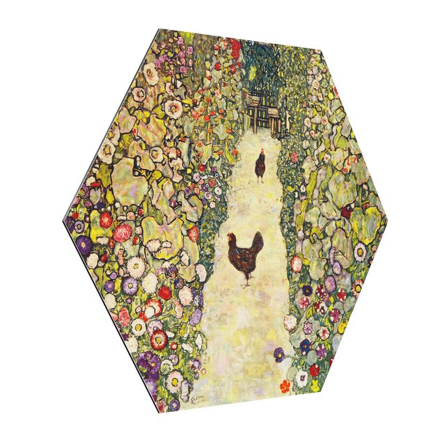 Hexagons Aluminium Dibond schilderijen Gustav Klimt - Garden Path with Hens