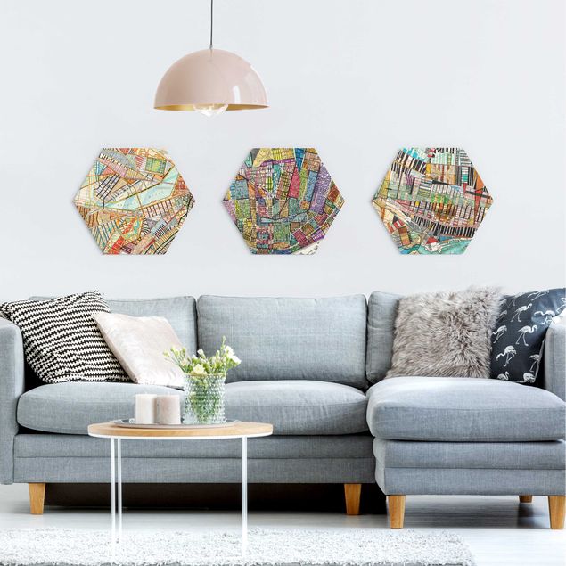 Hexagons Aluminium Dibond schilderijen - 3-delig Modern Maps Boston - Montreal - St. Louis