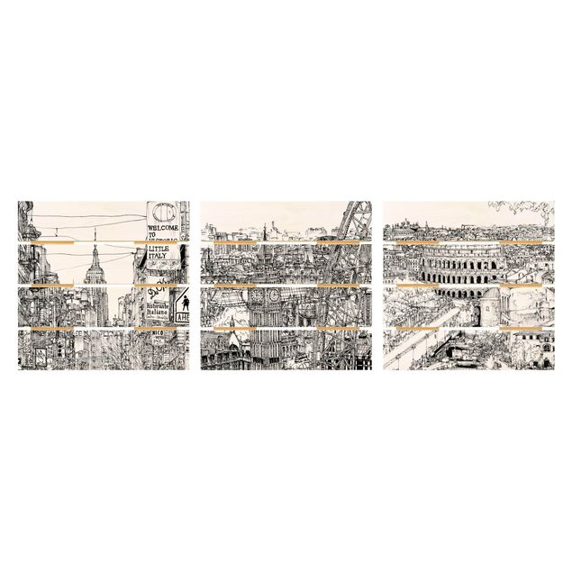 Houten schilderijen op plank - 3-delig City Studies - New York - London - Rome
