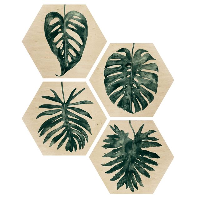 Hexagons houten schilderijen - 4-delig Emerald Green Leaves Set I