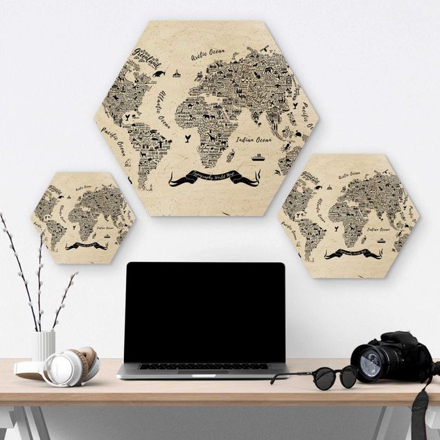Hexagons houten schilderijen Typography World Map White