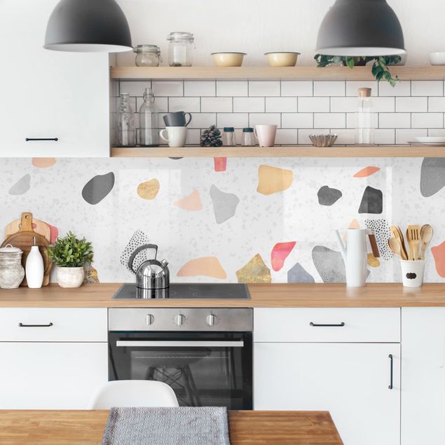 Achterwand voor keuken abstract White Terrazzo With Gold Stones