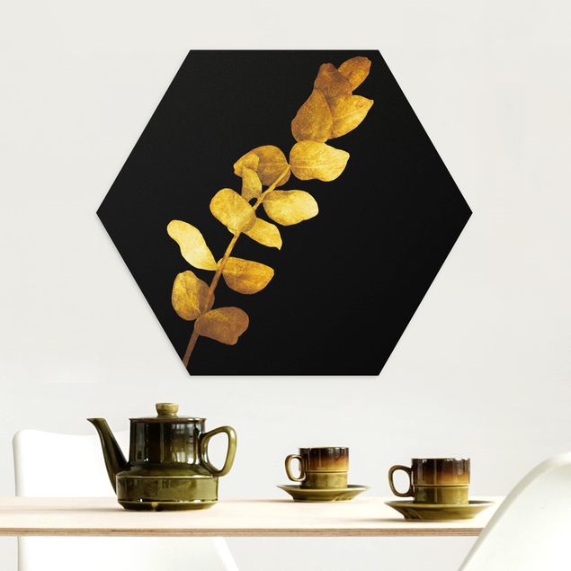 Hexagons Aluminium Dibond schilderijen Gold - Eucalyptus On Black