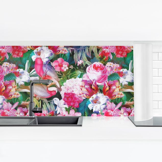 Achterkant keuken Colourful Tropical Flowers With Birds Pink