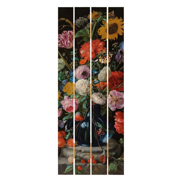Houten schilderijen op plank Jan Davidsz de Heem - Tulips, a Sunflower, an Iris and other Flowers in a Glass Vase on the Marble Base of a Column