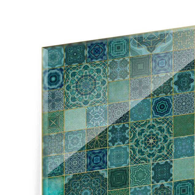 Spatscherm keuken Art Deco Tiles Green Marble With Golden Shimmer