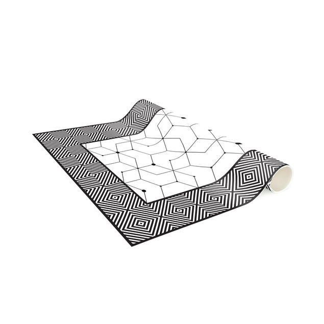 Vloerkleed modern Geometrical Tiles Dotted Lines Black And White With Border