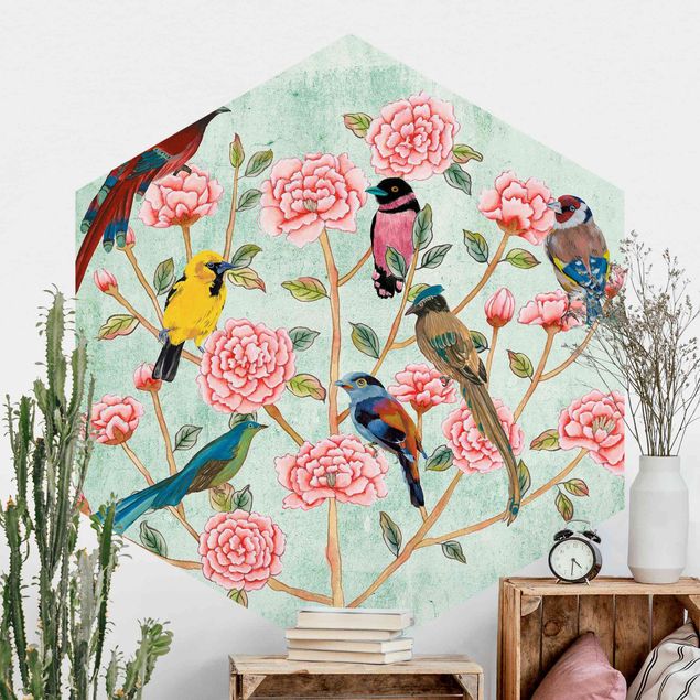 Hexagon Behang Chinoiserie Collage In Mint