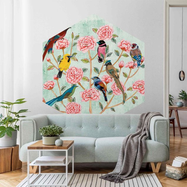 Hexagon Behang Chinoiserie Collage In Mint