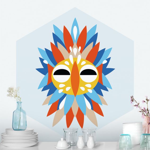 Hexagon Behang Collage Ethnic Mask - Parrot